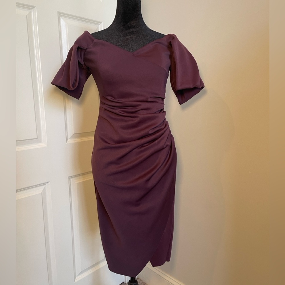ASOS DESIGN Burgundy/Wine Off-Shoulder Puff Sleeve Ruched Midi Dress — US 6